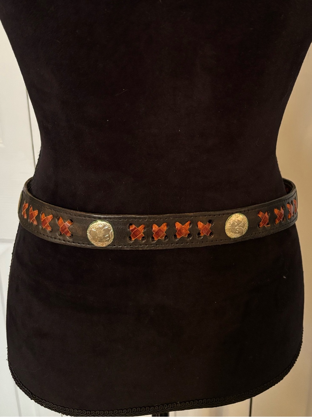 Vintage LW Paris (Louis Wolfer) Black & Brown Leather Belt Silver Medallions 32 - Picture 6 of 12
